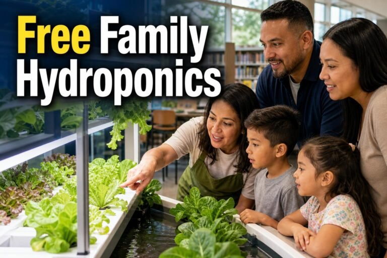 Family learning about hydroponic plants at a library activity
