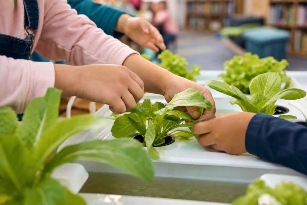 Children exploring hydroponic plants at a workshop