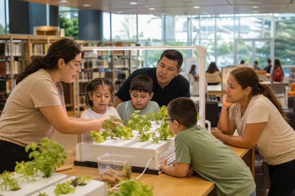 Families participating in a hydroponics demonstration at a library