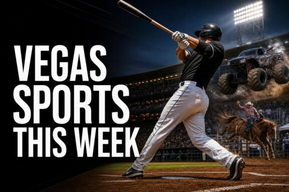 Las Vegas sports guide thumbnail featuring a baseball stadium, monster truck action and Western competition imagery.