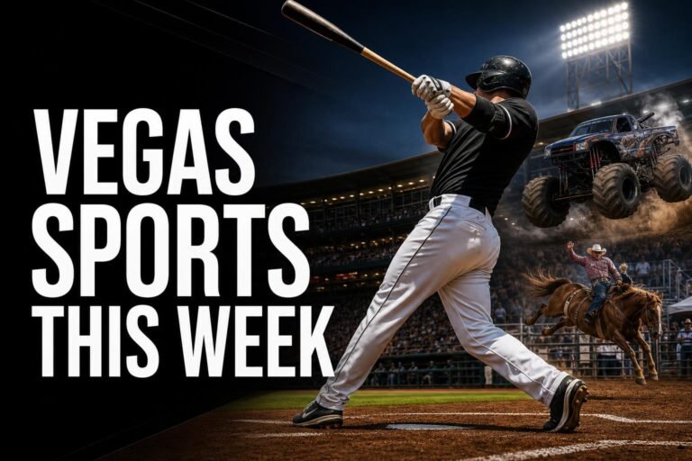 Las Vegas sports guide thumbnail featuring a baseball stadium, monster truck action and Western competition imagery.