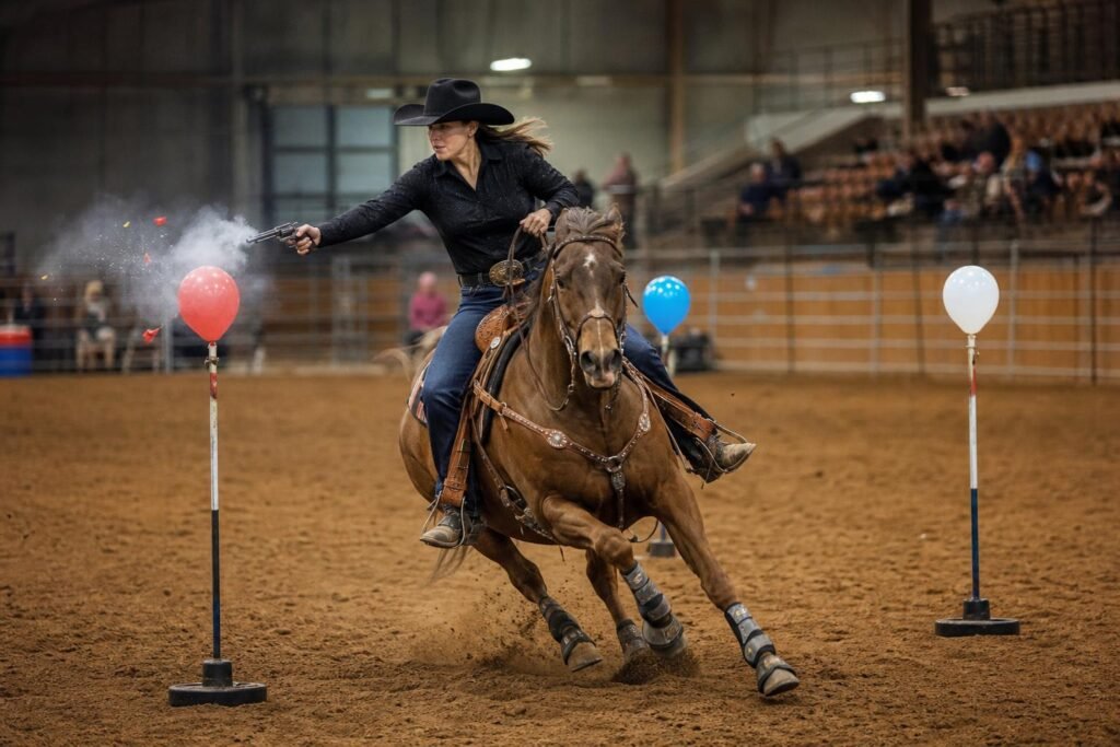 Mounted shooting competition at an indoor Western arena.