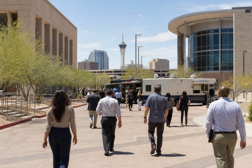 People visiting food trucks near the Las Vegas Civic Center