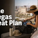 A visitor prepares a day bag with a hat, water bottle and cooling towel for a July Las Vegas outing.