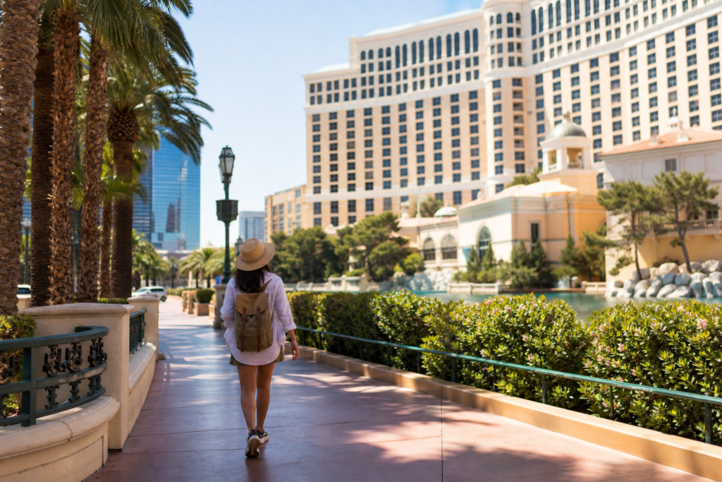 A visitor walks between Las Vegas resorts on a bright summer day.