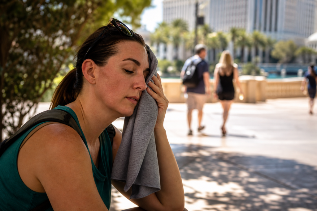 A traveler takes a cooling break near a Las Vegas resort walkway.