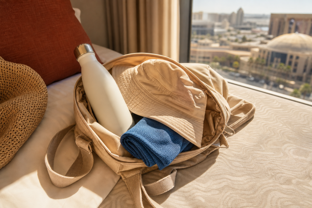 A simple Las Vegas day bag packed with water, shade and cooling essentials.