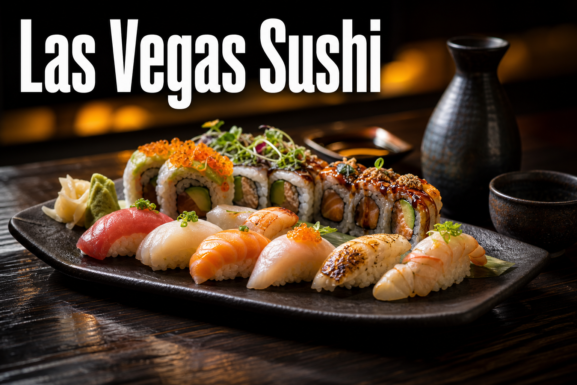 A refined spread of sushi and sake representing standout Las Vegas sushi restaurants.