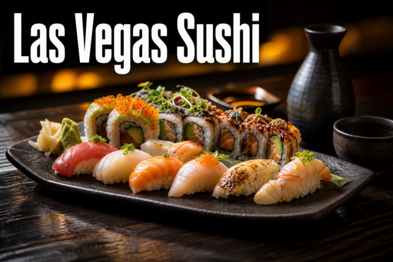 A refined spread of sushi and sake representing standout Las Vegas sushi restaurants.