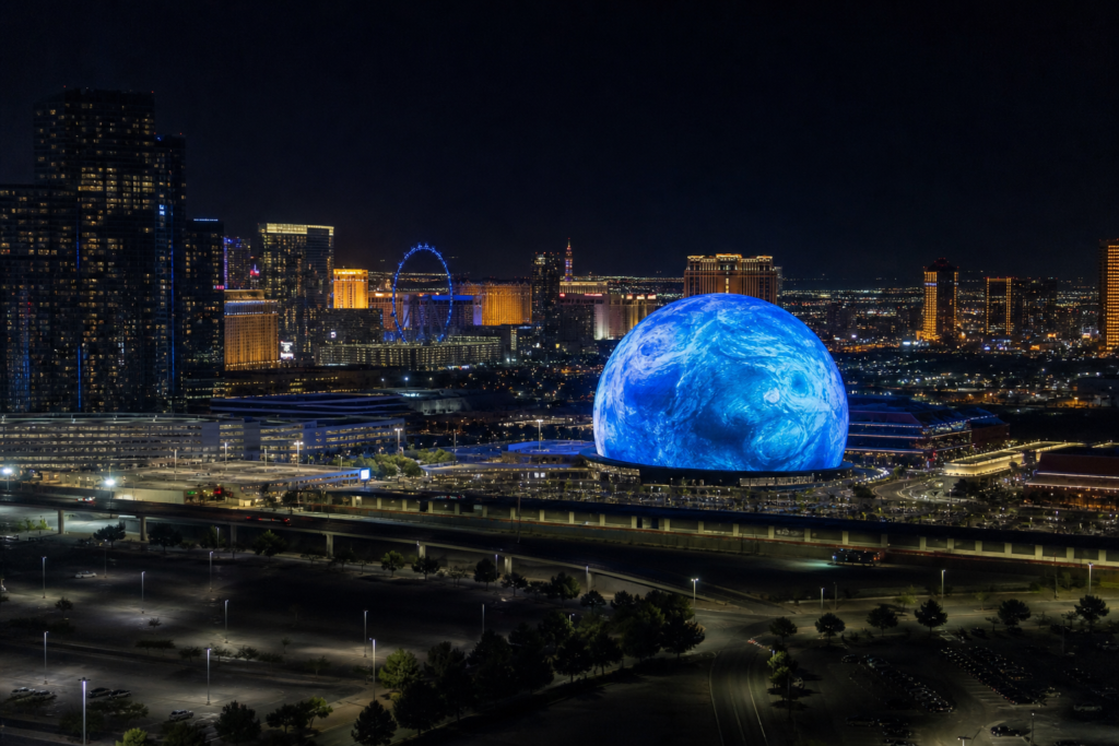 Sphere Las Vegas glows at night on the Las Vegas Strip.