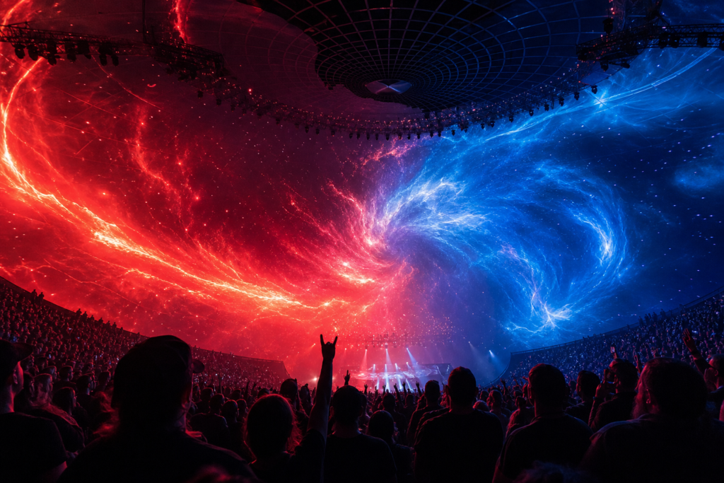 Concertgoers watch an immersive rock performance inside a dome venue.