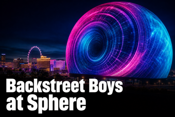 Sphere-inspired Las Vegas concert venue exterior at night for a Backstreet Boys event roundup
