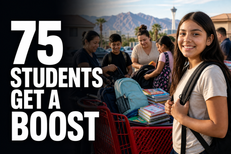 Las Vegas students and families with backpacks and school supplies for a community back-to-school event