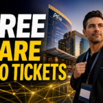 ARIA Resort & Casino in Las Vegas with a conference attendee and headline announcing free Rare Evo tickets for locals