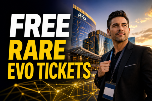 ARIA Resort & Casino in Las Vegas with a conference attendee and headline announcing free Rare Evo tickets for locals