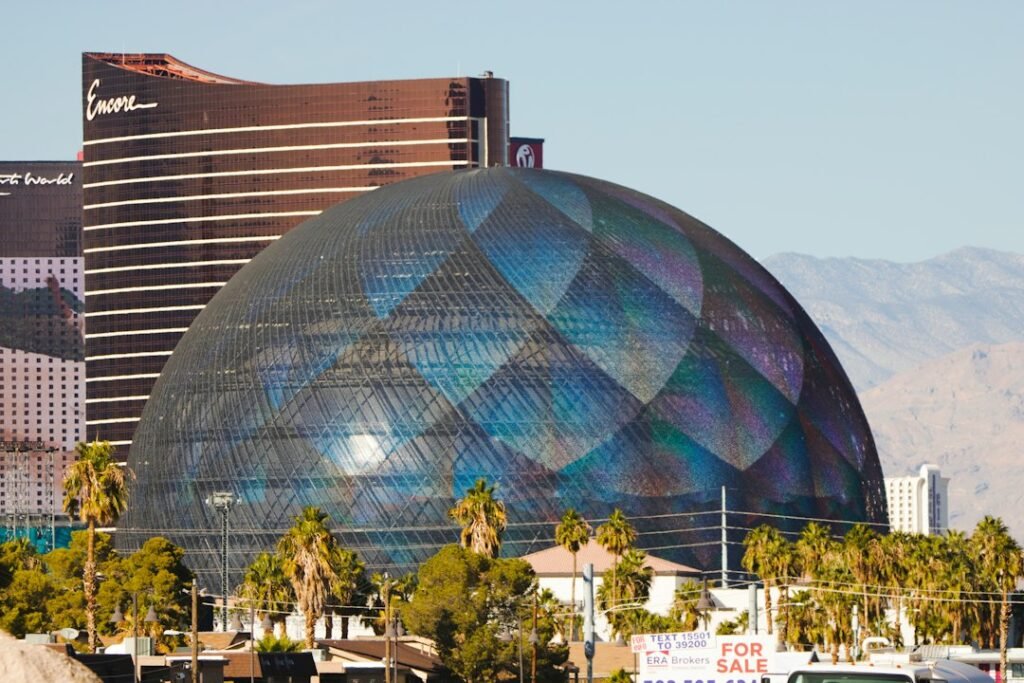 Sphere illuminated at night on the Las Vegas Strip