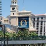 Pedestrians crossing an enclosed elevated bridge outside Bellagio on the Las Vegas Strip