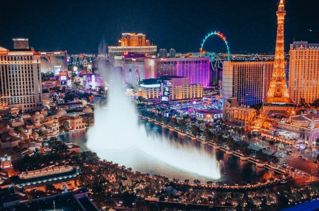 Las Vegas Strip and Bellagio fountains at night for the complete Strip guide