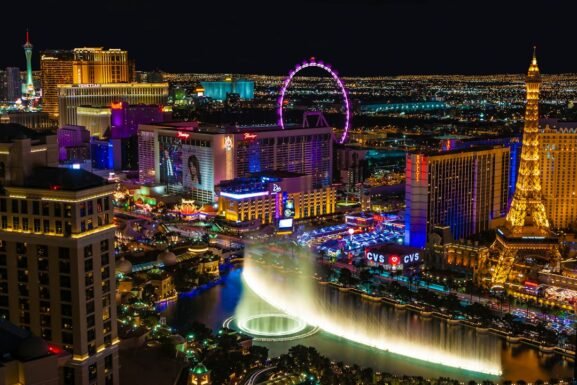 Las Vegas Strip at night for Strip versus Downtown Las Vegas comparison