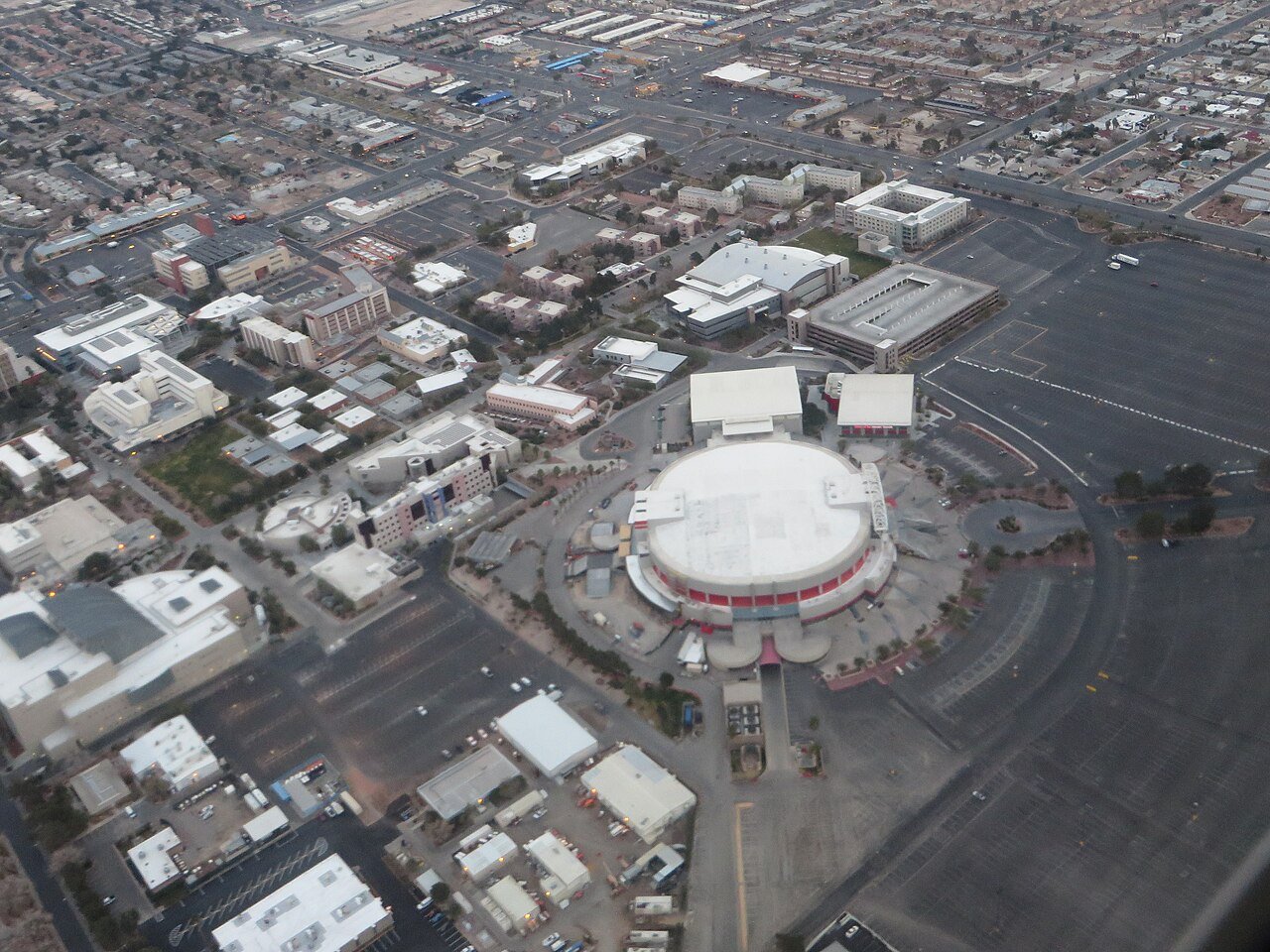 Archival aerial view of the Thomas and Mack Center and the surrounding UNLV campus