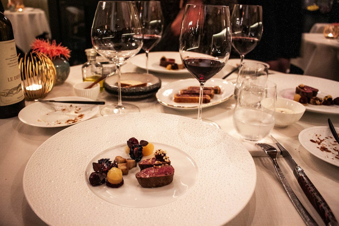 Dining table with plated food
